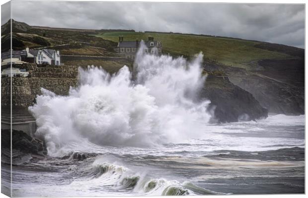Porthleven Cornwall Storm waves  Canvas Print by kathy white