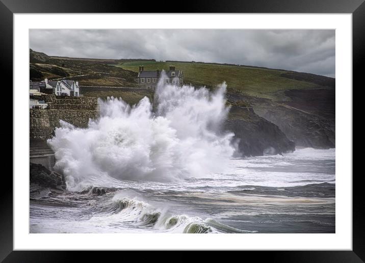 Porthleven Cornwall Storm waves  Framed Mounted Print by kathy white