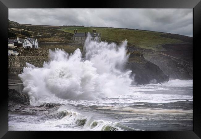 Porthleven Cornwall Storm waves  Framed Print by kathy white