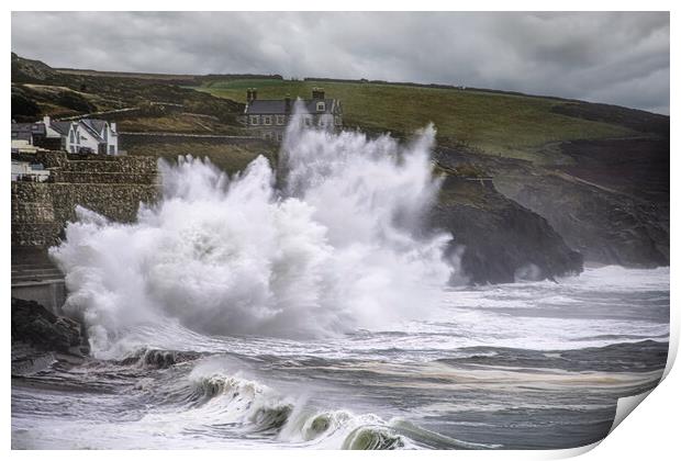 Porthleven Cornwall Storm waves  Print by kathy white