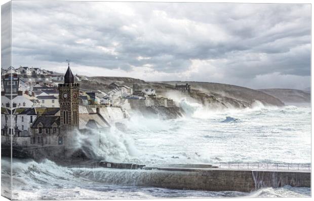 Storm in Porthleven Cornwall Canvas Print by kathy white