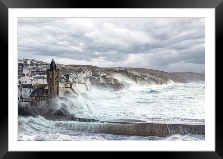 Storm in Porthleven Cornwall Framed Mounted Print by kathy white