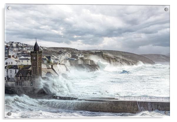 Storm in Porthleven Cornwall Acrylic by kathy white