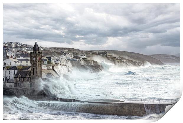 Storm in Porthleven Cornwall Print by kathy white