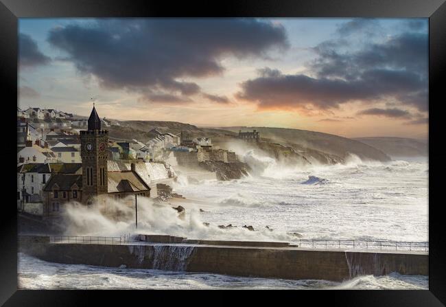 Storm in Porthleven,Cornwall Framed Print by kathy white