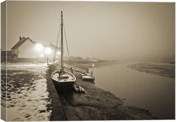 Boat at quay in fog Canvas Print by Gary Eason