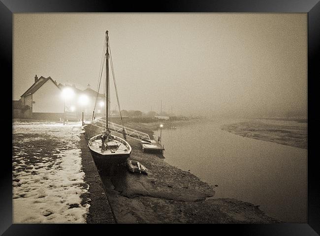 Boat at quay in fog Framed Print by Gary Eason