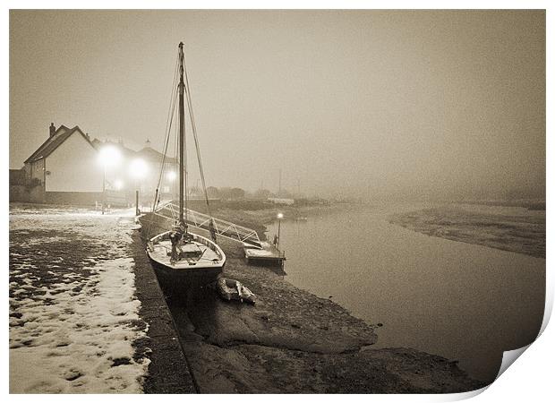Boat at quay in fog Print by Gary Eason