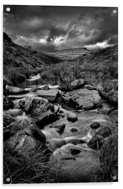 Burbage Brook and Carl Wark  Acrylic by Darren Galpin