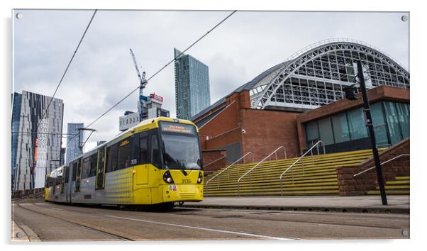 Yellow tram passing the Manchester Central Convention Complex Acrylic by Jason Wells