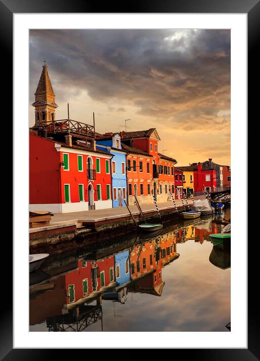 Colorful houses and canal on Burano island, near V Framed Mounted Print by Olga Peddi