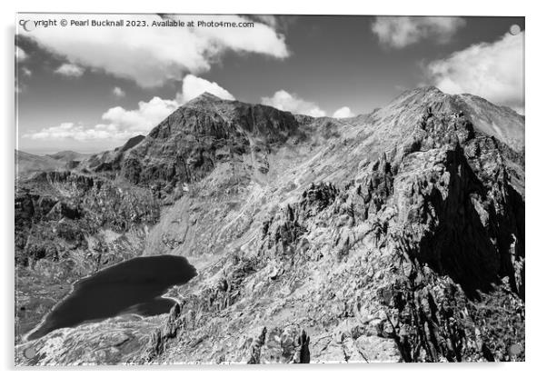 Crib Goch Mountain to Snowdon Black and White Acrylic by Pearl Bucknall
