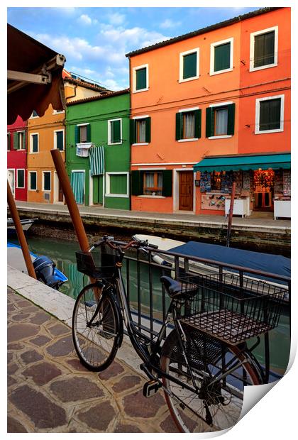 Colorful houses and canal on Burano island, near V Print by Olga Peddi