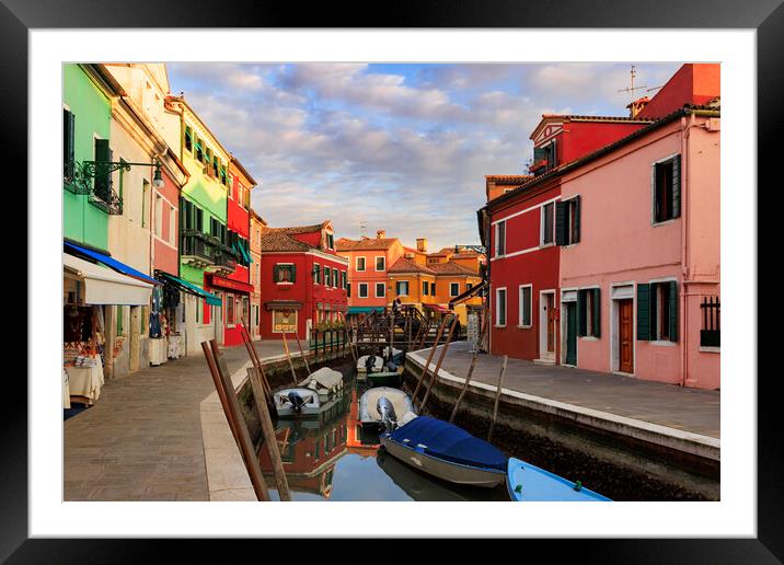 Colorful houses and canal on Burano island, near V Framed Mounted Print by Olga Peddi