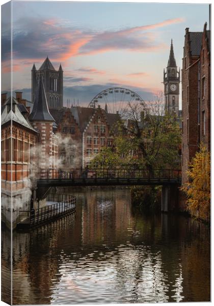 View of canals and streets of Gent town, Belgium i Canvas Print by Olga Peddi