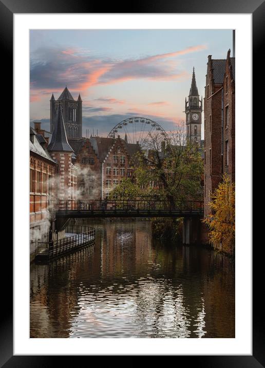 View of canals and streets of Gent town, Belgium i Framed Mounted Print by Olga Peddi