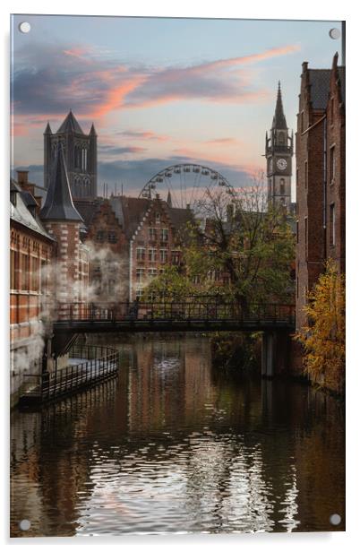 View of canals and streets of Gent town, Belgium i Acrylic by Olga Peddi