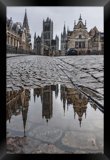 Popular Buildings in Gent from St Micheal Bridge Framed Print by Olga Peddi