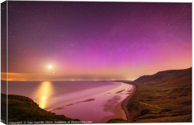 Northern Lights and Moon over Rhossili Bay, Gower Canvas Print by Dan Santillo