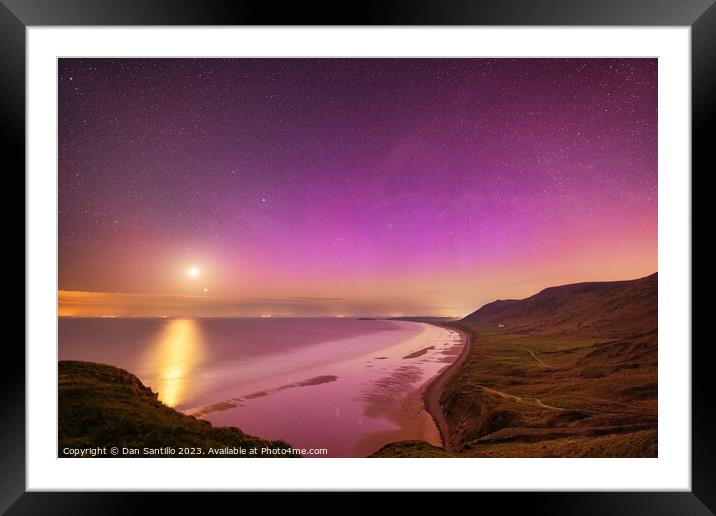 Northern Lights and Moon over Rhossili Bay, Gower Framed Mounted Print by Dan Santillo