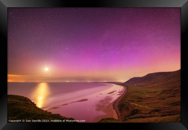 Northern Lights and Moon over Rhossili Bay, Gower Framed Print by Dan Santillo