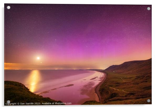 Northern Lights and Moon over Rhossili Bay, Gower Acrylic by Dan Santillo