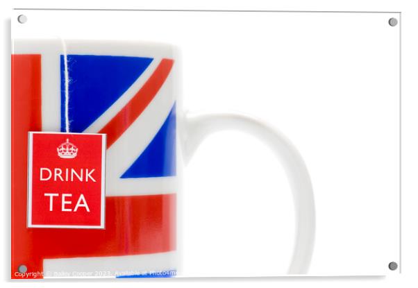 Drink Tea label on tea bag in union jack mug Acrylic by Bailey Cooper