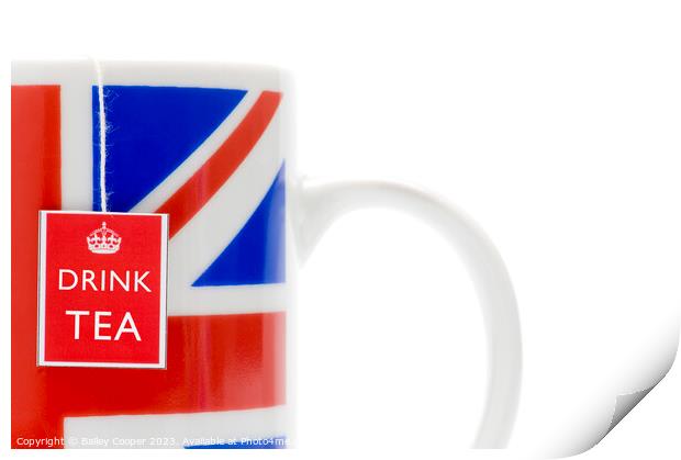 Drink Tea label on tea bag in union jack mug Print by Bailey Cooper