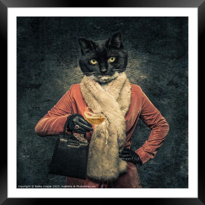 anthropomorphic cat spilling champagne from a glas Framed Mounted Print by Bailey Cooper