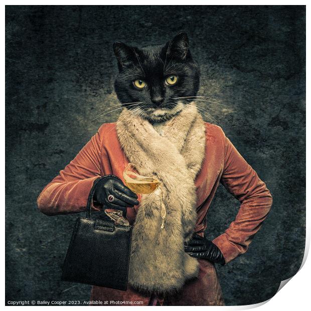 anthropomorphic cat spilling champagne from a glas Print by Bailey Cooper