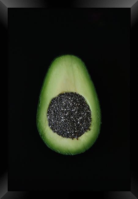 Artistic composition of Avocado end Chia seed on b Framed Print by Olga Peddi
