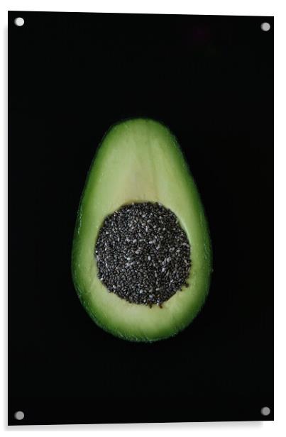 Artistic composition of Avocado end Chia seed on b Acrylic by Olga Peddi