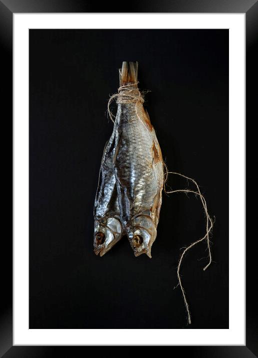 Traditional dried fish on a black background.  Framed Mounted Print by Olga Peddi
