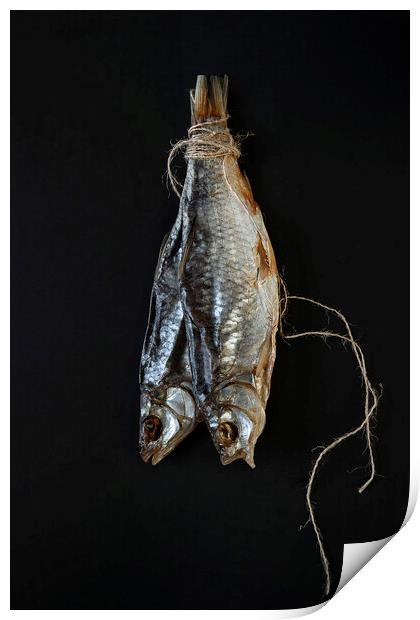 Traditional dried fish on a black background.  Print by Olga Peddi