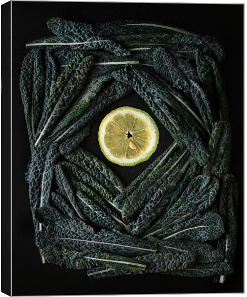 Green Kale leaves end lemon slices  Canvas Print by Olga Peddi