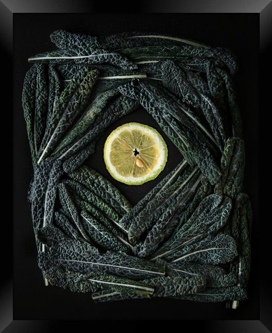 Green Kale leaves end lemon slices  Framed Print by Olga Peddi