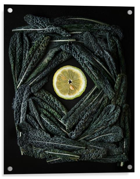 Green Kale leaves end lemon slices  Acrylic by Olga Peddi