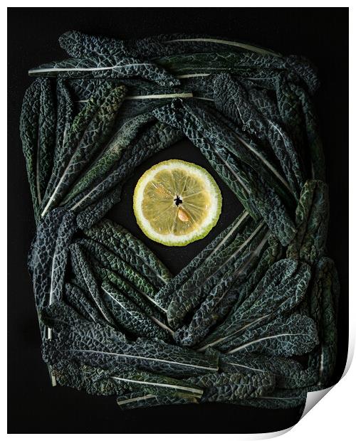 Green Kale leaves end lemon slices  Print by Olga Peddi