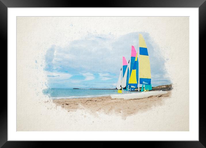 Watercolor of sailing boats on the beach Framed Mounted Print by youri Mahieu