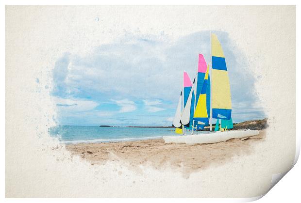 Watercolor of sailing boats on the beach Print by youri Mahieu