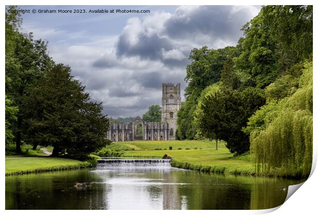 Fountains Abbey river and weir Print by Graham Moore