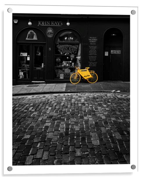 Edinburgh Streets Yellow Bicycle  Acrylic by Les McLuckie