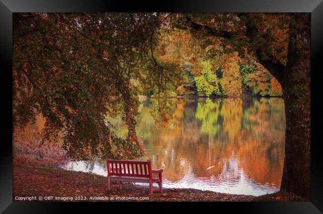 Autumn Glory Reflections Lake Path & Beech Bench Framed Print by OBT imaging