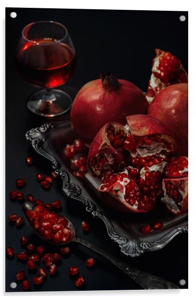 Still life of pomegranates on a black background Acrylic by Olga Peddi