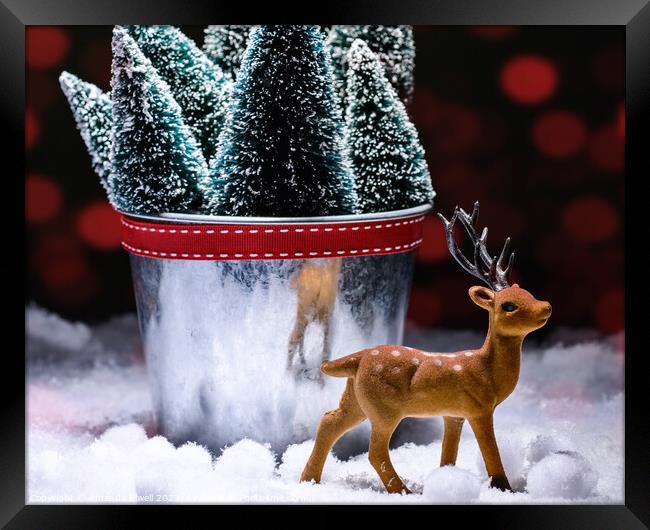 Reindeer Figure With Christmas Trees Framed Print by Amanda Elwell