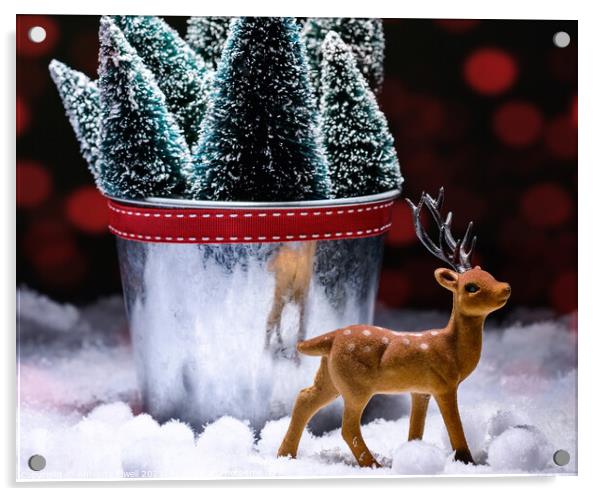 Reindeer Figure With Christmas Trees Acrylic by Amanda Elwell