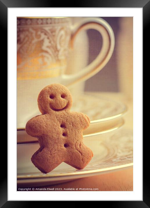 Gingerbread Man With Antique Cups Framed Mounted Print by Amanda Elwell