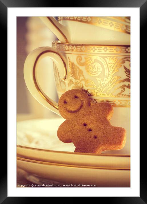 Gingerbread Man In Saucer Framed Mounted Print by Amanda Elwell
