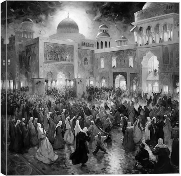 Crowds outside mosque Canvas Print by Zahra Majid