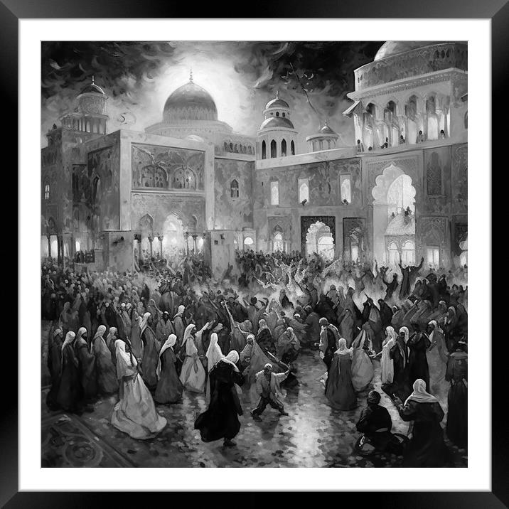 Crowds outside mosque Framed Mounted Print by Zahra Majid
